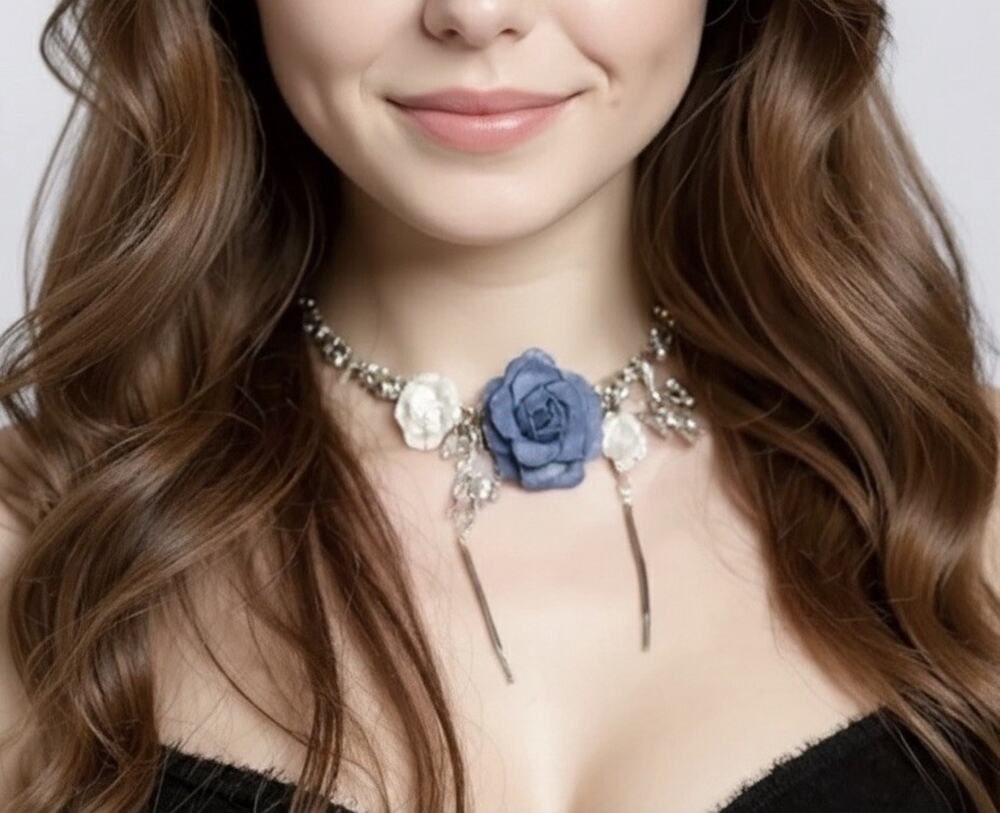 Rose Flower Denim Choker Zara Pearl Crystal CZ Silver Necklace Fringe Boho CZ